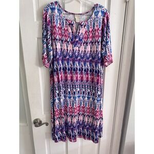 Chico's Sz 2 L Multicolor Ikat‎ Print Dress SS Keyhole Neck Boho Casual Stretchy